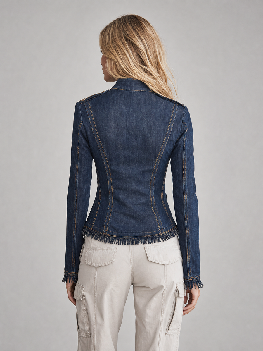Women's Dark Denim Jacket Fitted Fringe Trim Asymmetric Button Front Western