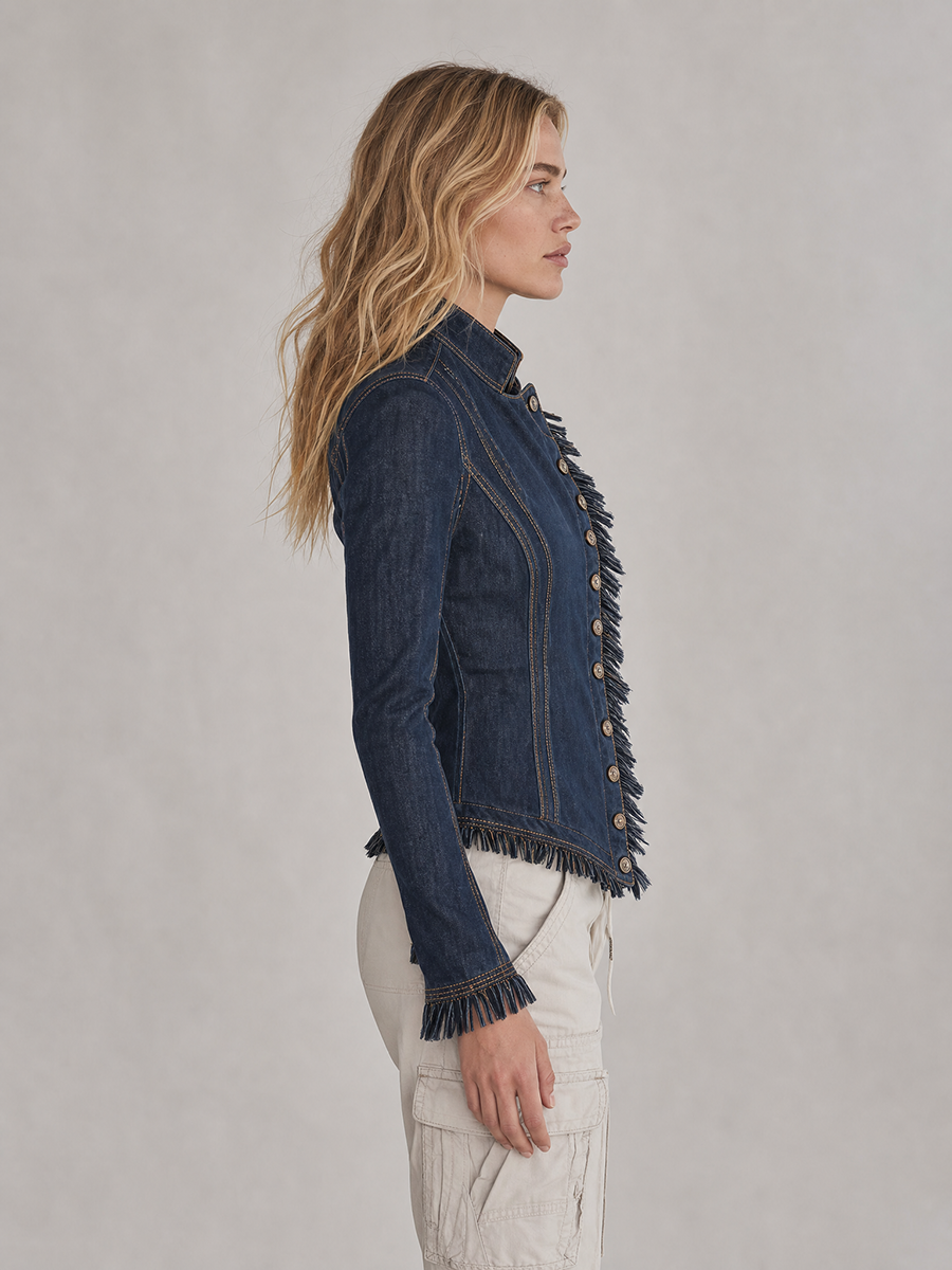 Women's Dark Denim Jacket Fitted Fringe Trim Asymmetric Button Front Western