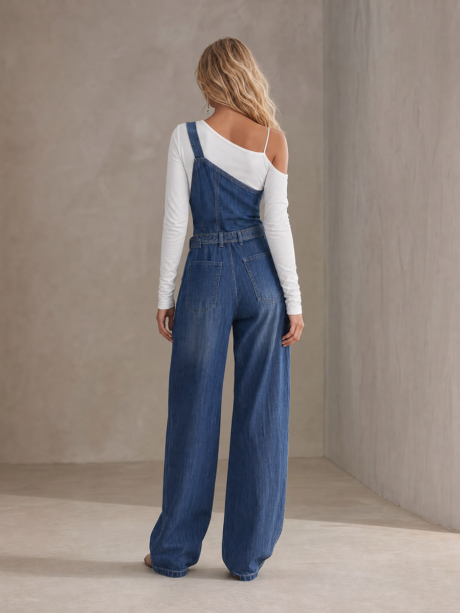Women's Blue Denim Overalls Wide Leg Belted One Shoulder Pleated Jumpsuit