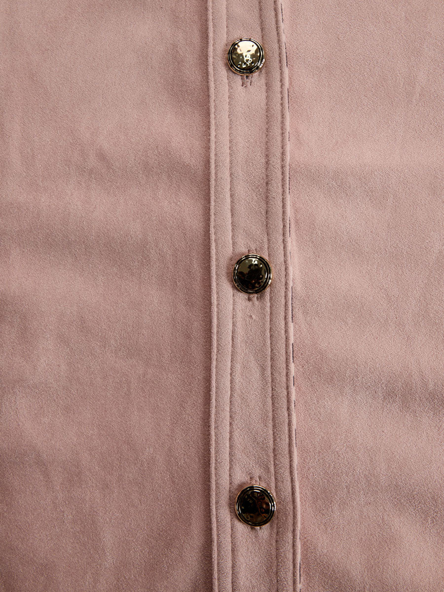 Western Retro Leopard Print Pink Faux Suede Long-Sleeve Shirt