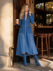 Women's Blue Denim Midi Dress Long Sleeve Zip Front Utility Pockets