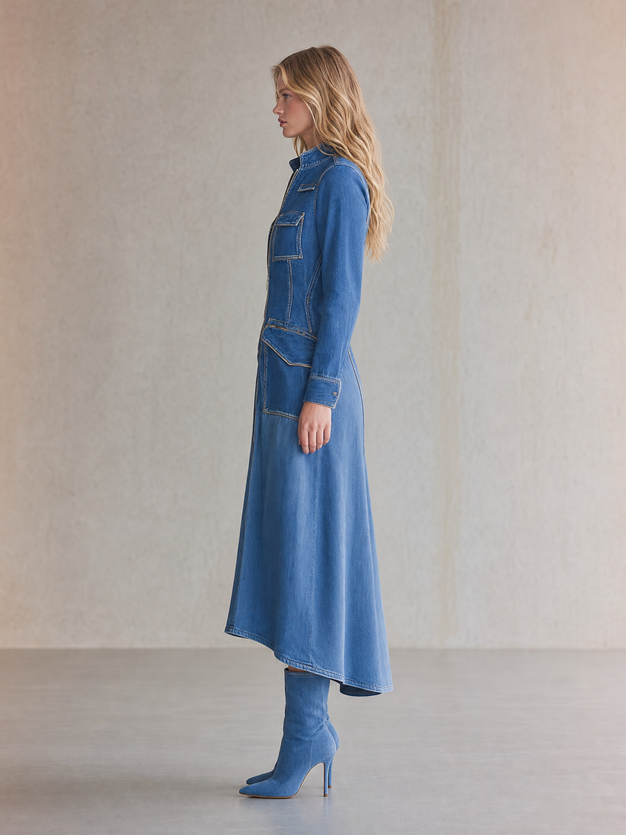 Women's Blue Denim Midi Dress Long Sleeve Zip Front Utility Pockets