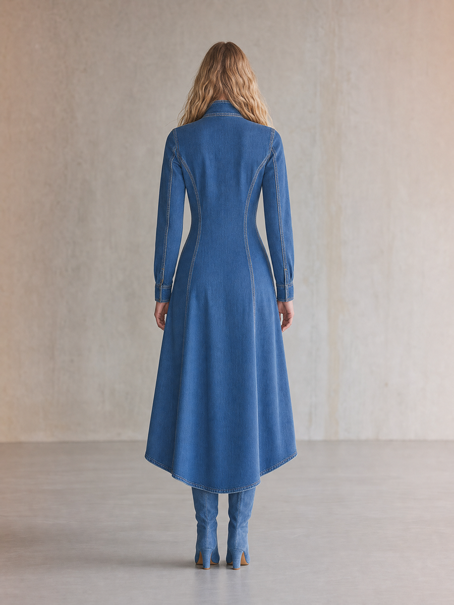 Women's Blue Denim Midi Dress Long Sleeve Zip Front Utility Pockets