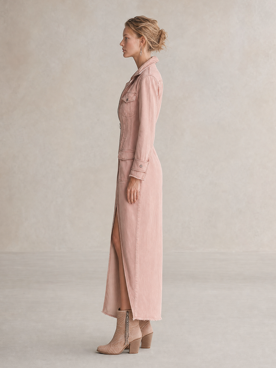 Women's Pink Denim Shirt Dress Long Sleeve Zip Front Slit Midi