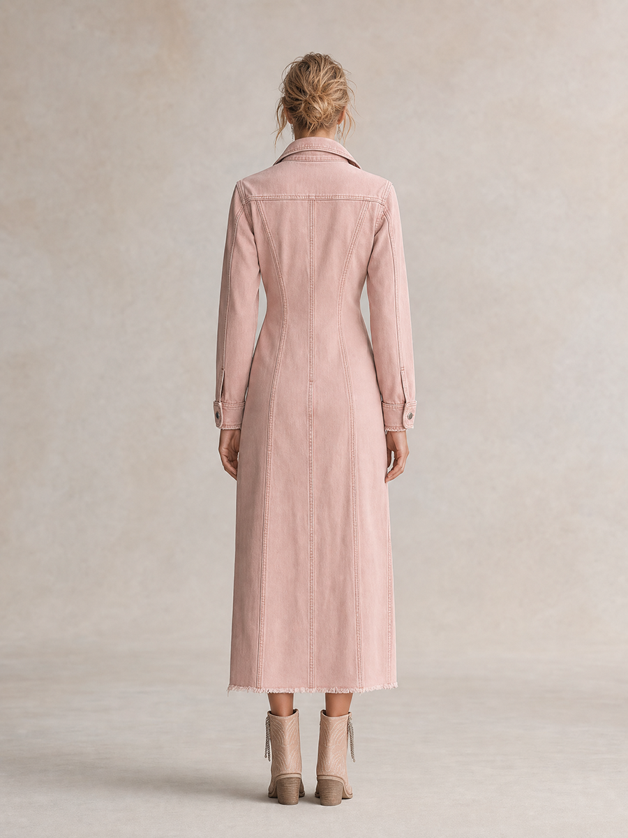 Women's Pink Denim Shirt Dress Long Sleeve Zip Front Slit Midi