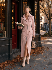 Women's Pink Denim Shirt Dress Long Sleeve Zip Front Slit Midi