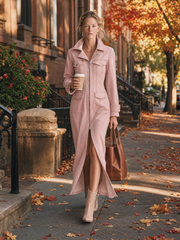 Women's Pink Denim Shirt Dress Long Sleeve Zip Front Slit Midi