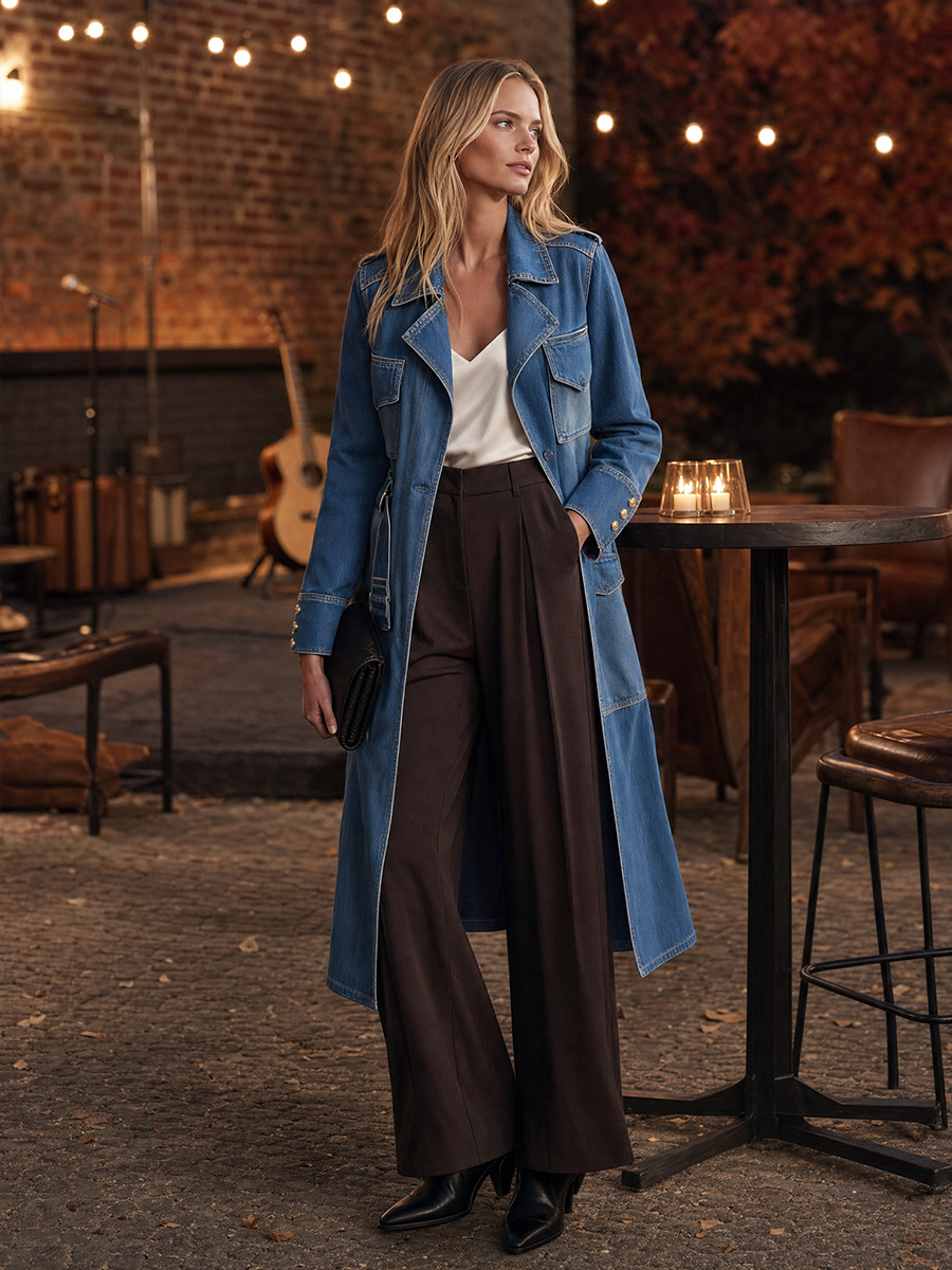 Women's Two-Tone Belted Denim Trench Coat Utility Pockets Long Slit Safari