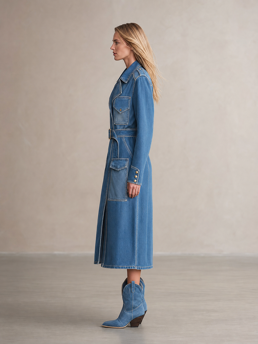 Women's Two-Tone Belted Denim Trench Coat Utility Pockets Long Slit Safari