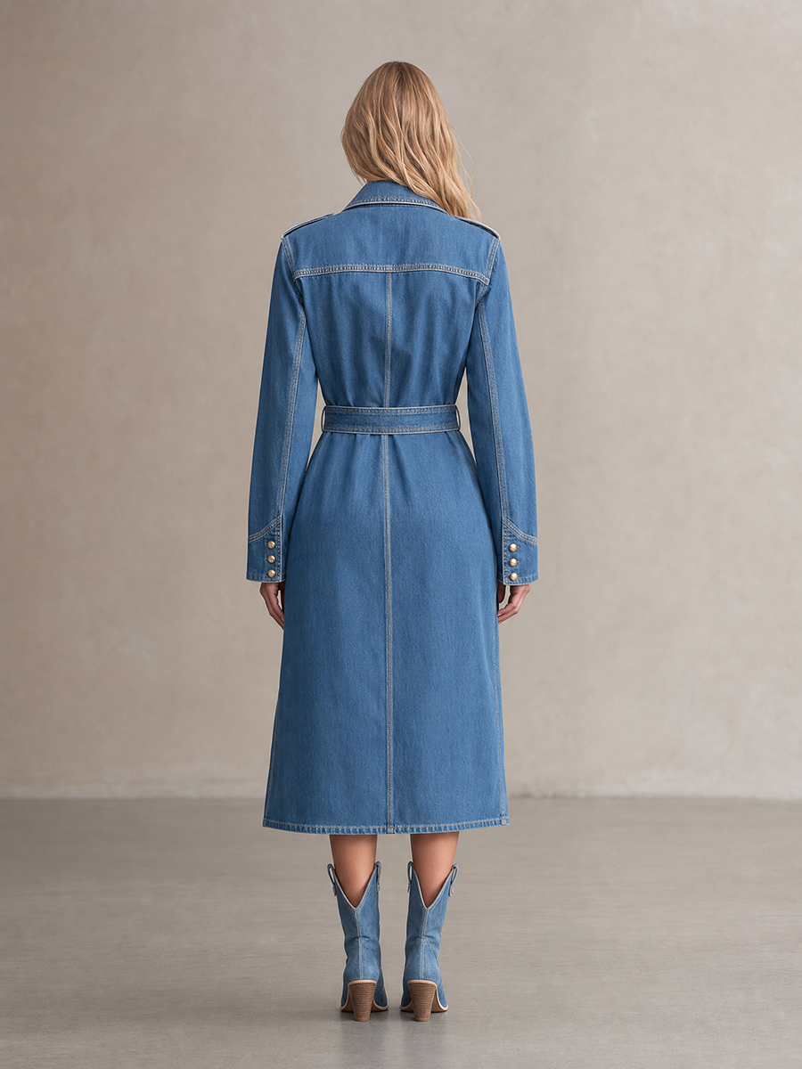Women's Two-Tone Belted Denim Trench Coat Utility Pockets Long Slit Safari