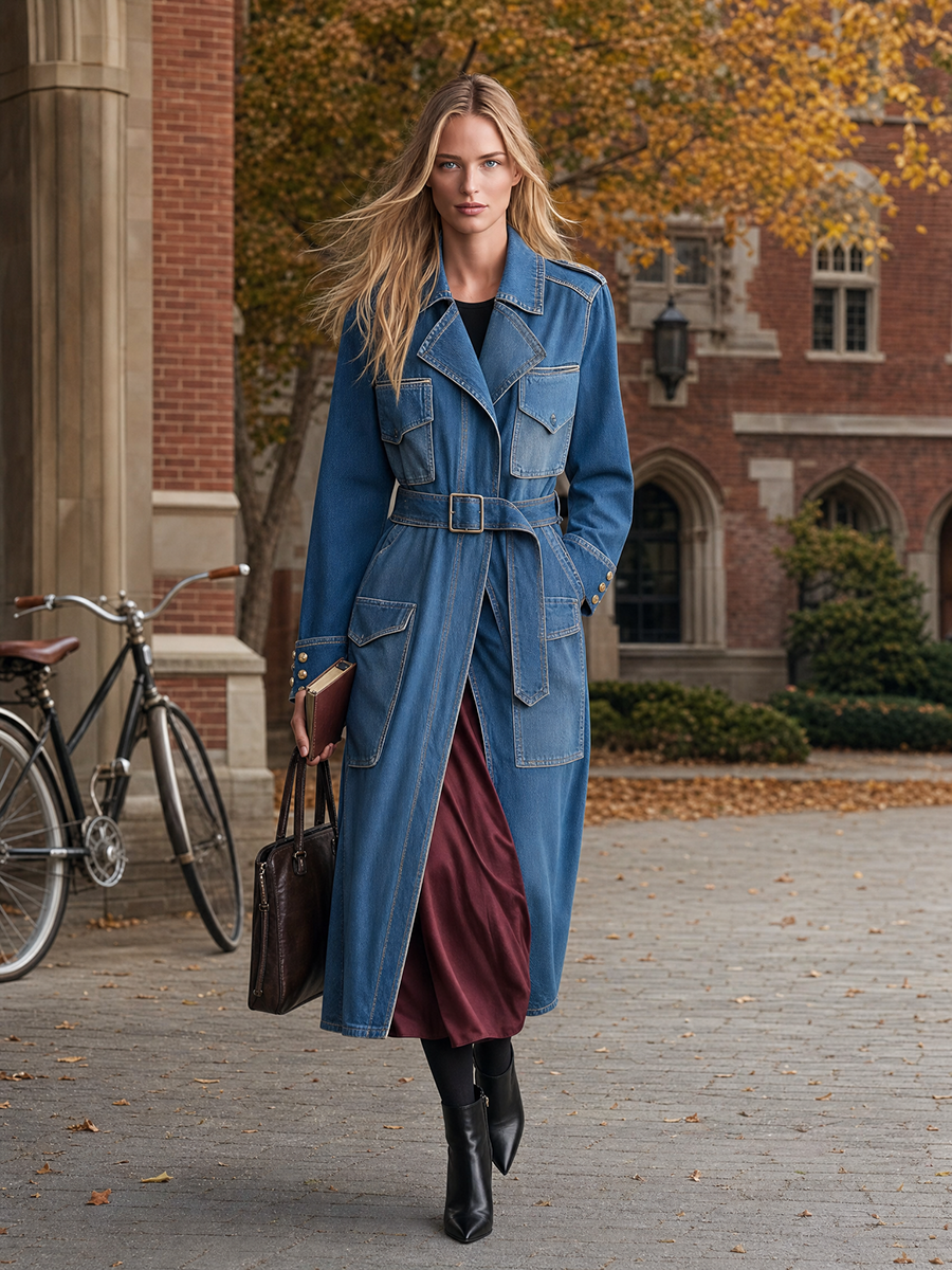 Women's Two-Tone Belted Denim Trench Coat Utility Pockets Long Slit Safari
