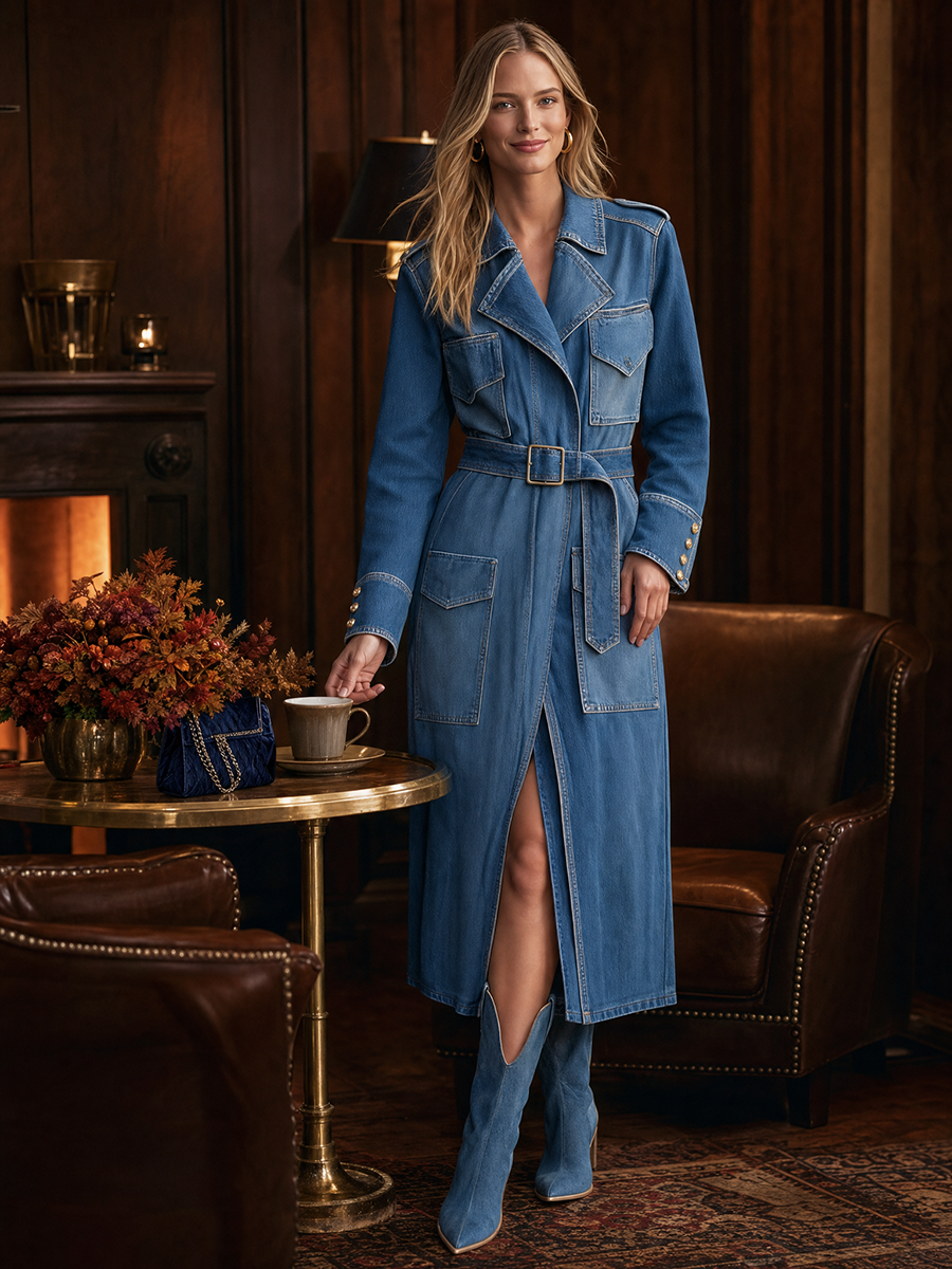 Women's Two-Tone Belted Denim Trench Coat Utility Pockets Long Slit Safari