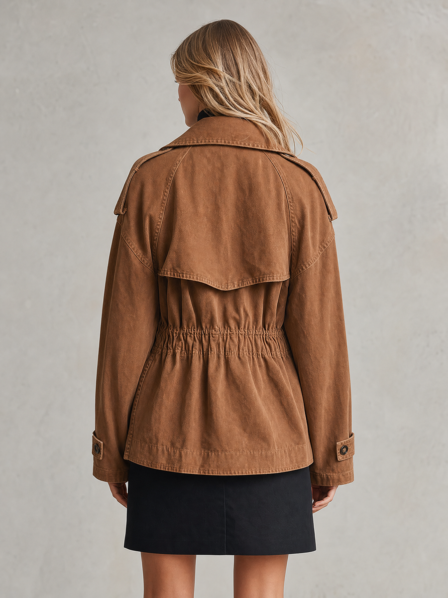Women's Brown Denim Trench Jacket Double Breasted Drawstring Waist Oversized Utility Fall