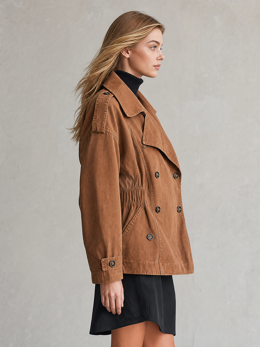 Women's Brown Denim Trench Jacket Double Breasted Drawstring Waist Oversized Utility Fall
