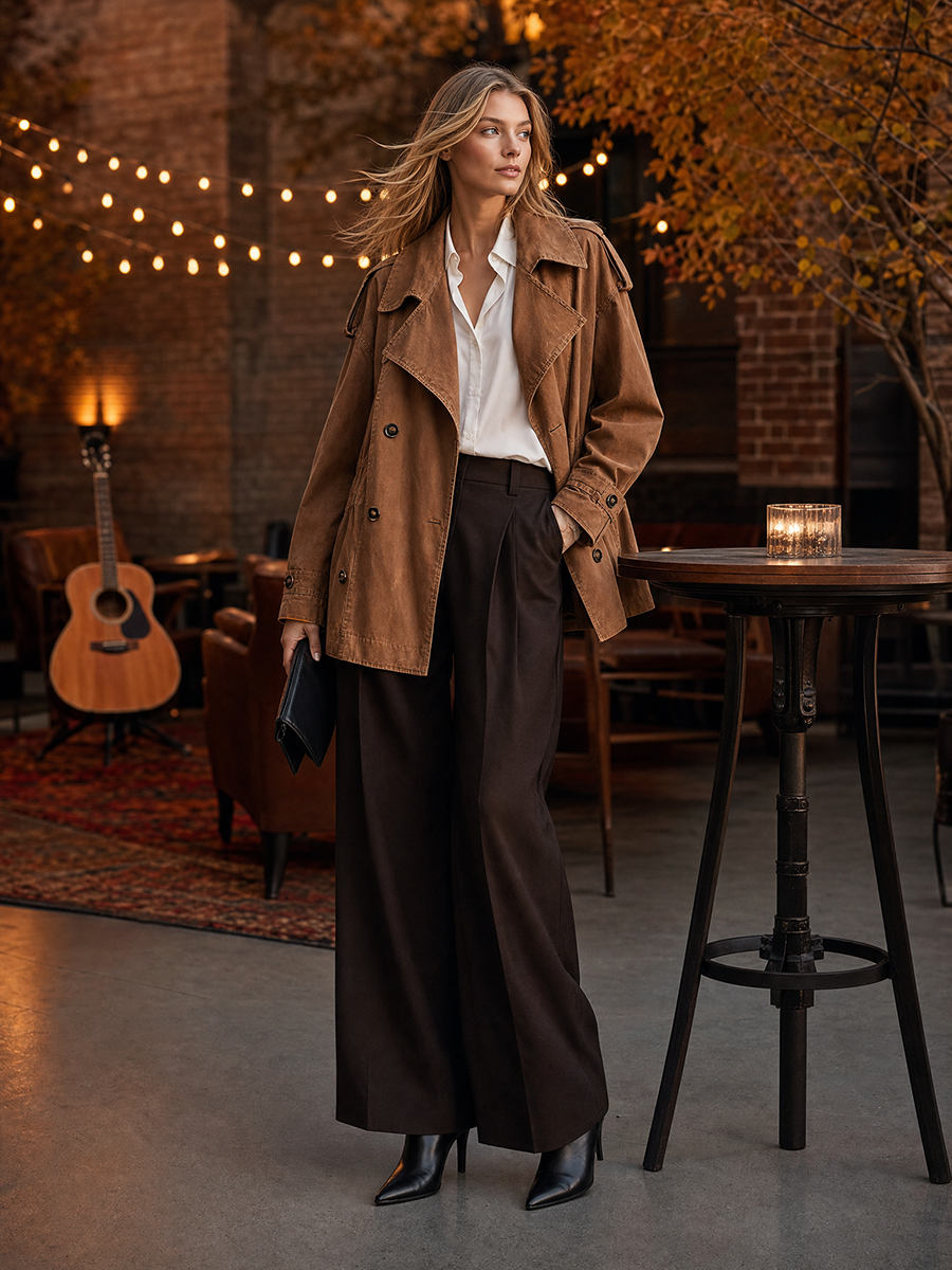 Women's Brown Denim Trench Jacket Double Breasted Drawstring Waist Oversized Utility Fall