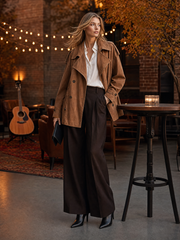 Women's Brown Denim Trench Jacket Double Breasted Drawstring Waist Oversized Utility Fall