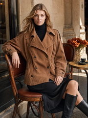Women's Brown Denim Trench Jacket Double Breasted Drawstring Waist Oversized Utility Fall