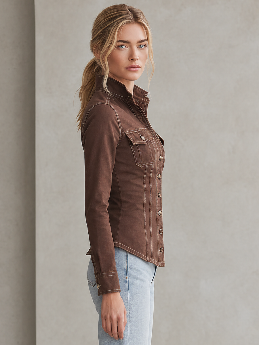 Women's Brown Denim Shirt Jacket Fitted Contrast Stitch Flap Pockets Stand Collar
