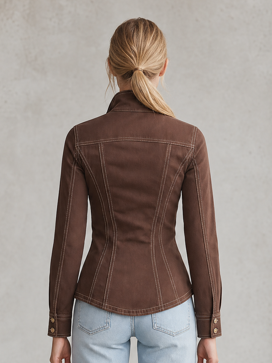Women's Brown Denim Shirt Jacket Fitted Contrast Stitch Flap Pockets Stand Collar