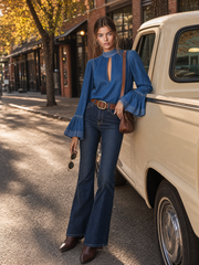 Women's Blue Denim Blouse Mock Neck Keyhole Bell Sleeve Boho Flowy Top