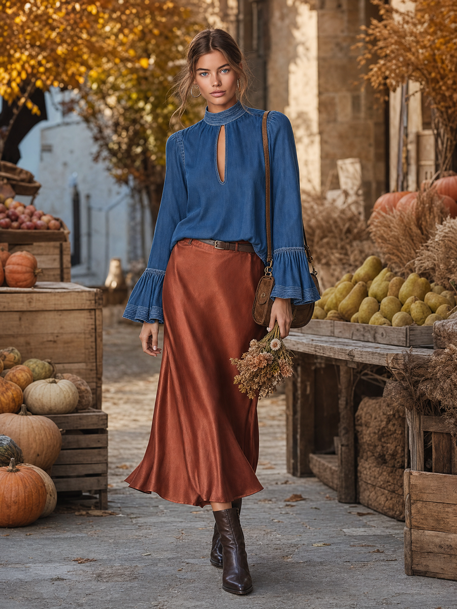 Women's Blue Denim Blouse Mock Neck Keyhole Bell Sleeve Boho Flowy Top