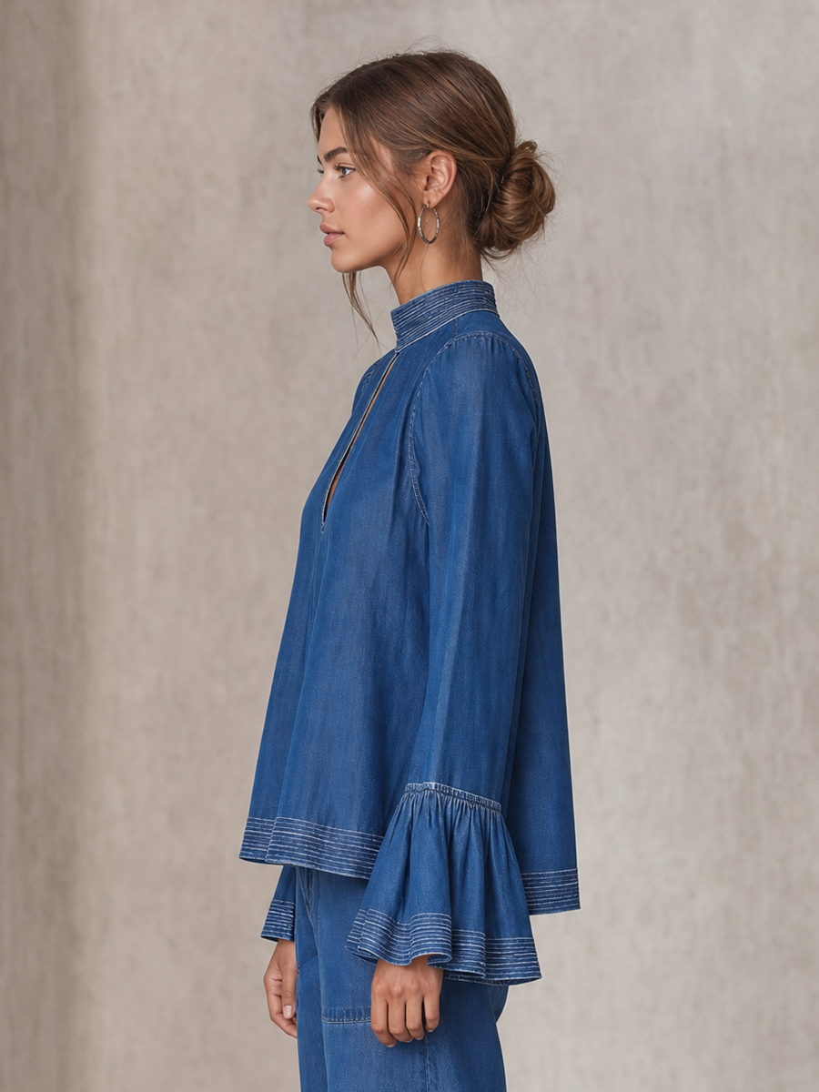 Women's Blue Denim Blouse Mock Neck Keyhole Bell Sleeve Boho Flowy Top