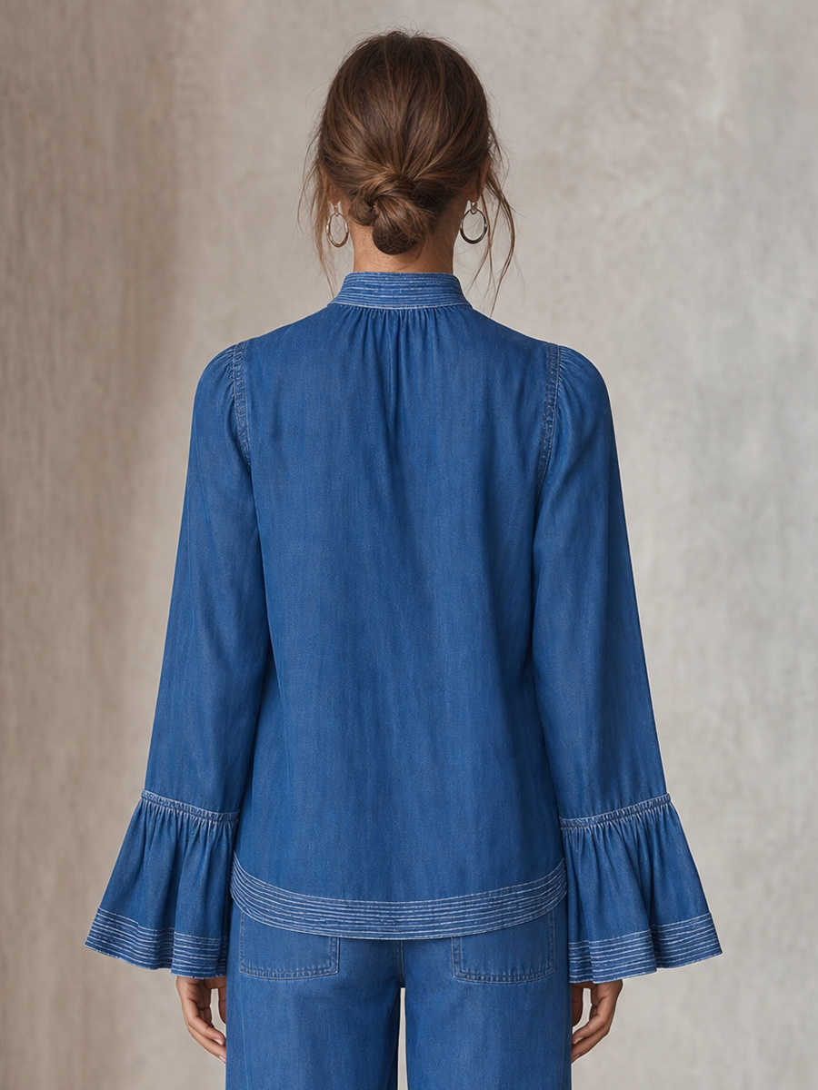 Women's Blue Denim Blouse Mock Neck Keyhole Bell Sleeve Boho Flowy Top