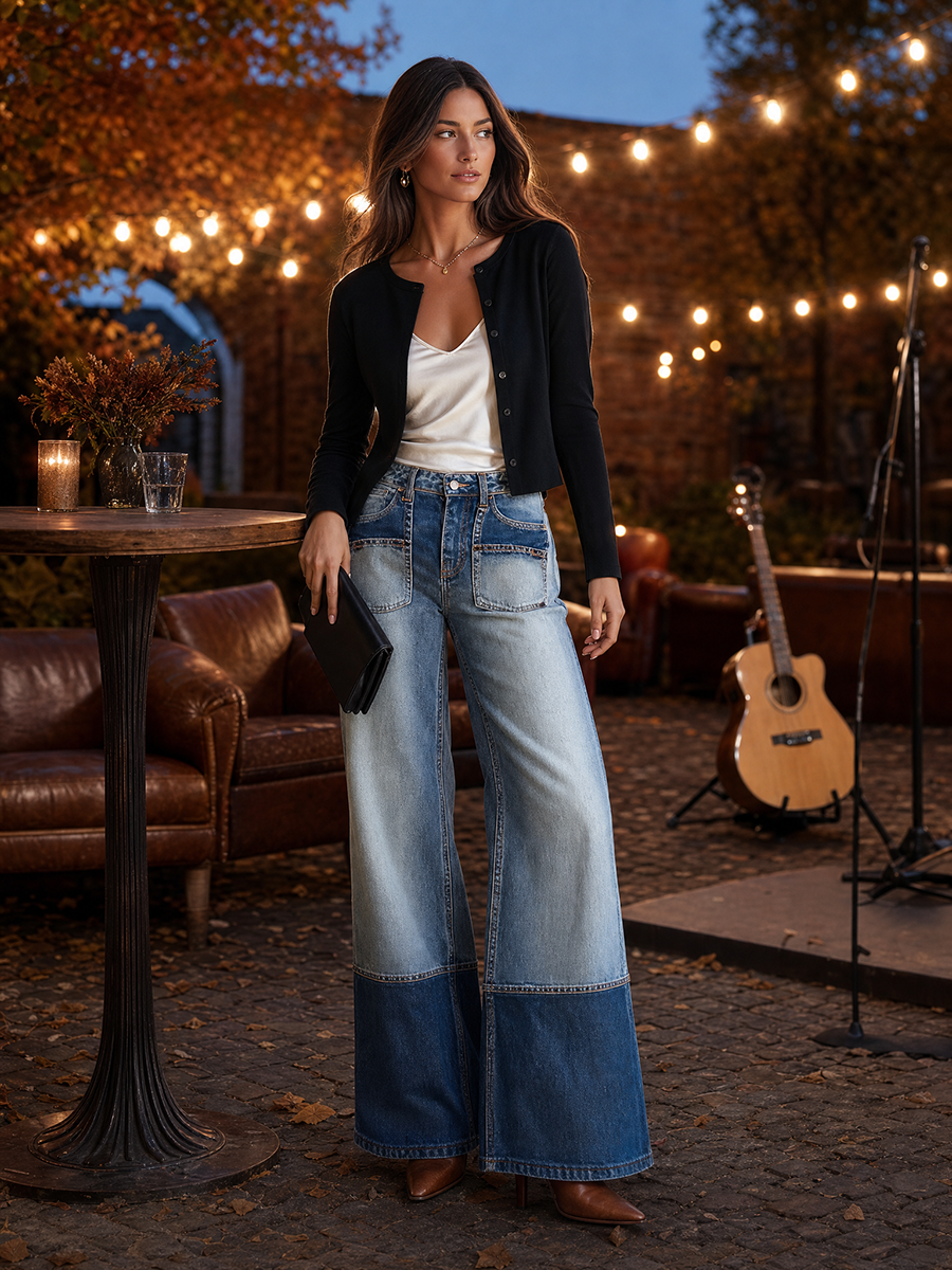 Women's Two-Tone Patchwork Flare Jeans Mid Rise Distressed Wide Hem Denim