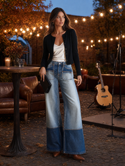 Women's Two-Tone Patchwork Flare Jeans Mid Rise Distressed Wide Hem Denim