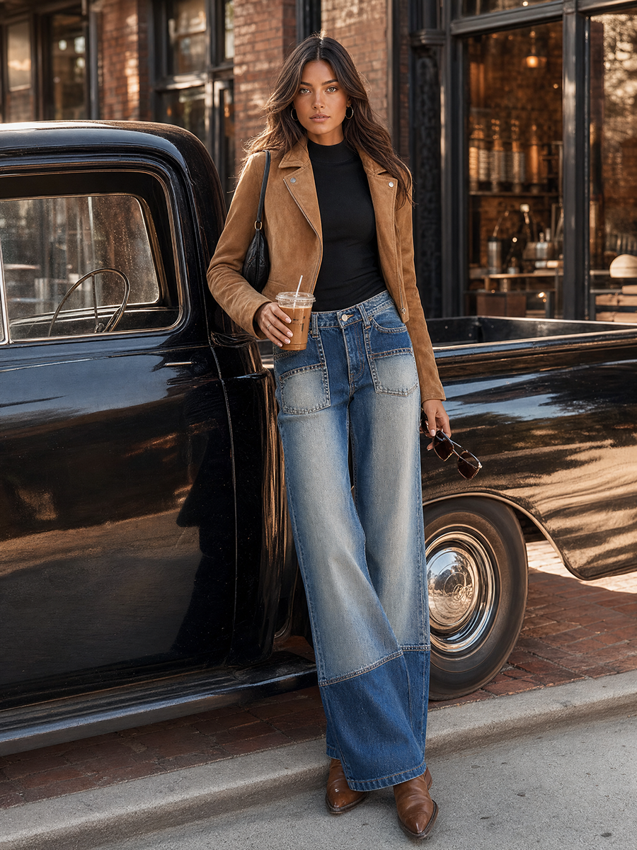 Women's Two-Tone Patchwork Flare Jeans Mid Rise Distressed Wide Hem Denim