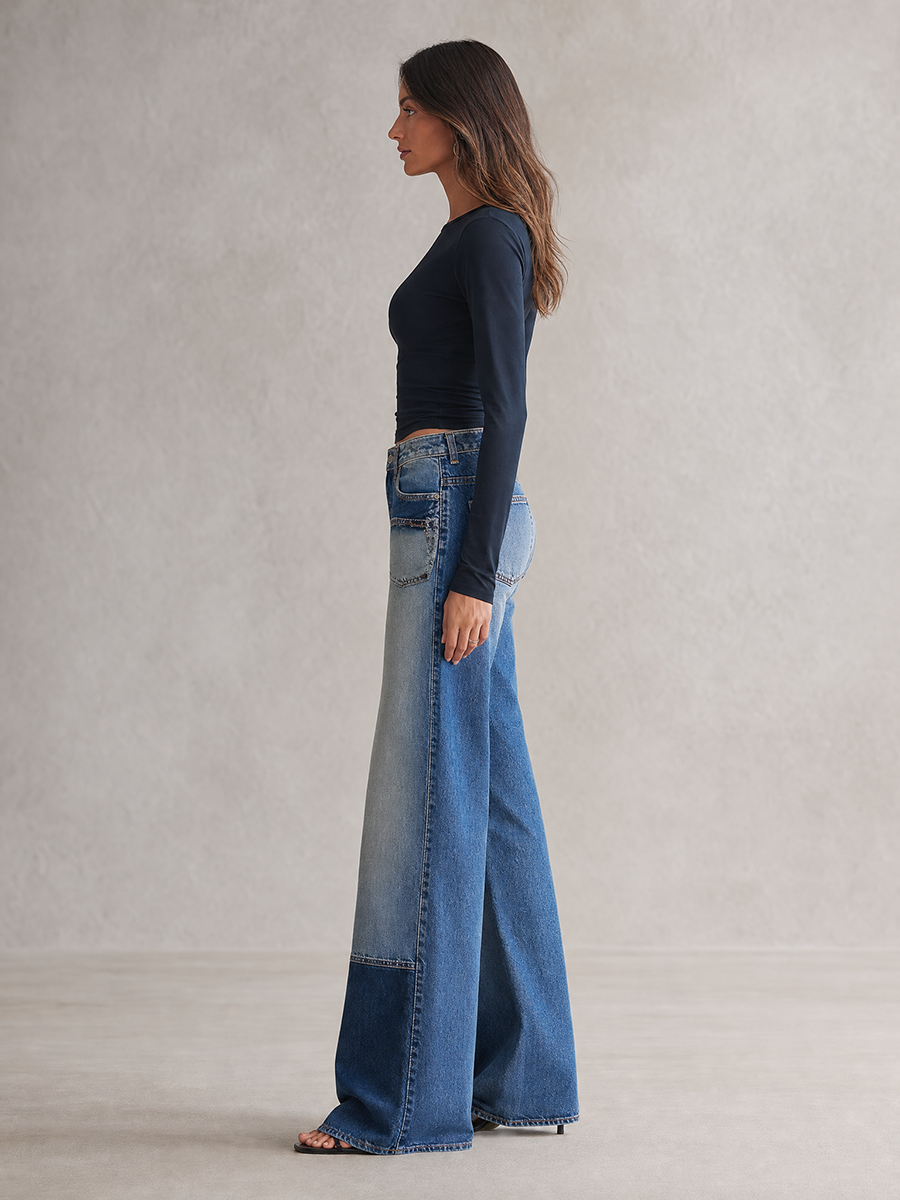 Women's Two-Tone Patchwork Flare Jeans Mid Rise Distressed Wide Hem Denim