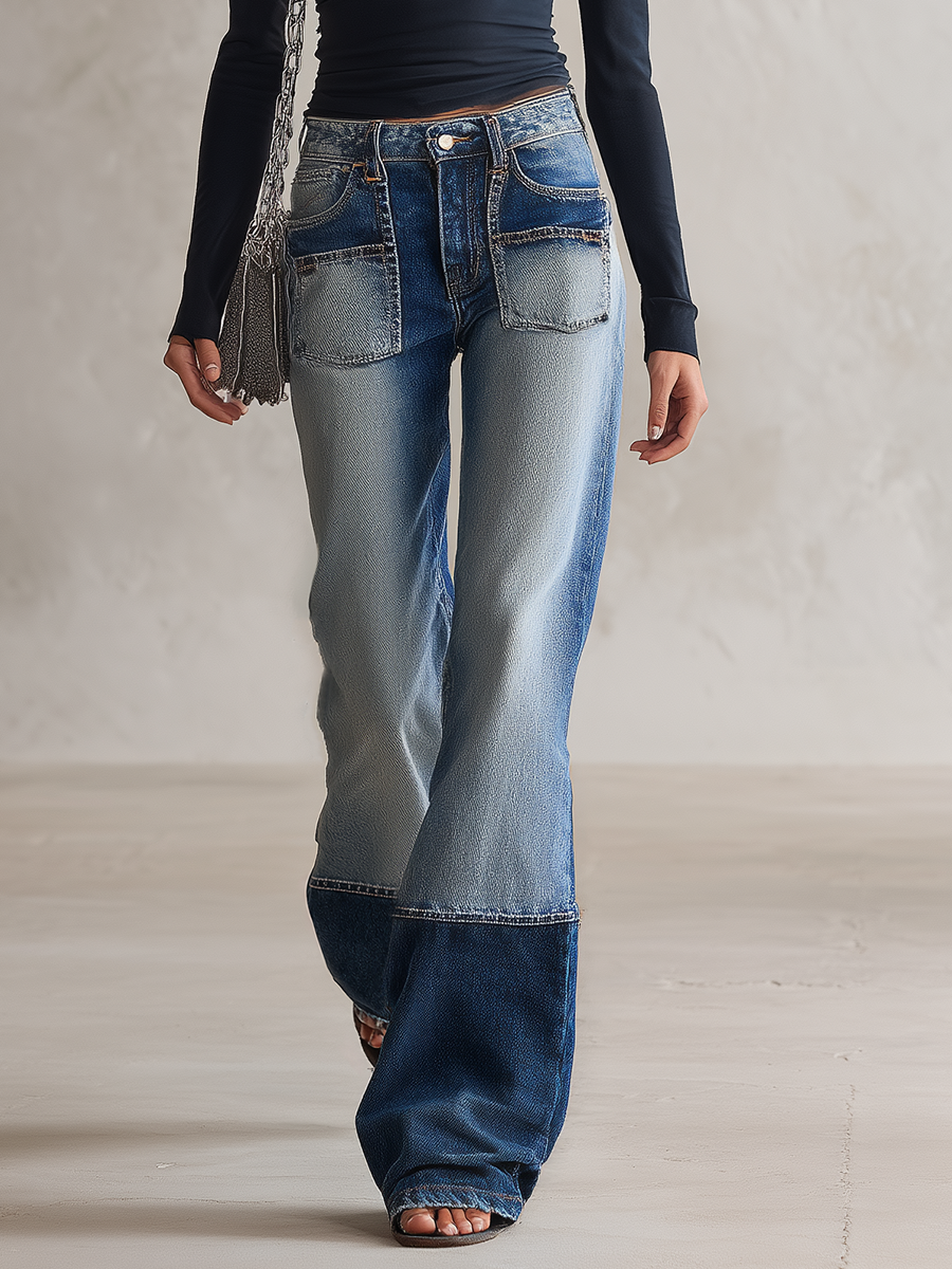 Women's Two-Tone Patchwork Flare Jeans Mid Rise Distressed Wide Hem Denim