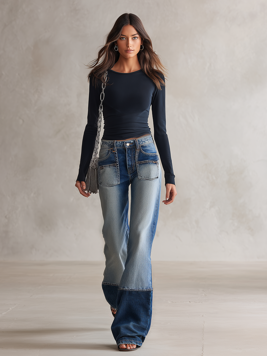 Women's Two-Tone Patchwork Flare Jeans Mid Rise Distressed Wide Hem Denim