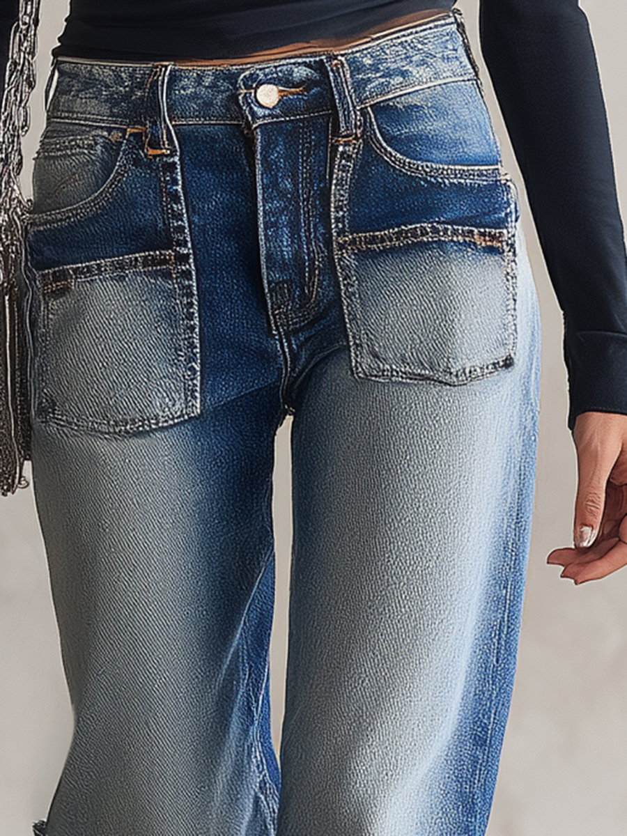 Women's Two-Tone Patchwork Flare Jeans Mid Rise Distressed Wide Hem Denim