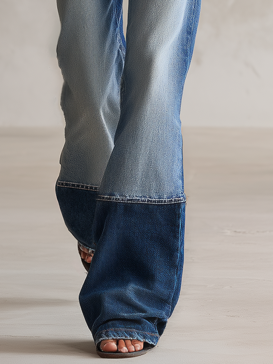Women's Two-Tone Patchwork Flare Jeans Mid Rise Distressed Wide Hem Denim