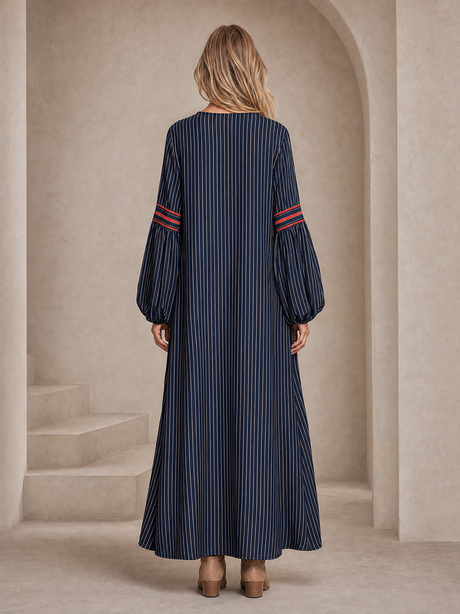 Women's Navy Striped Maxi Dress Long Bell Sleeve V-Neck Boho Contrast Trim