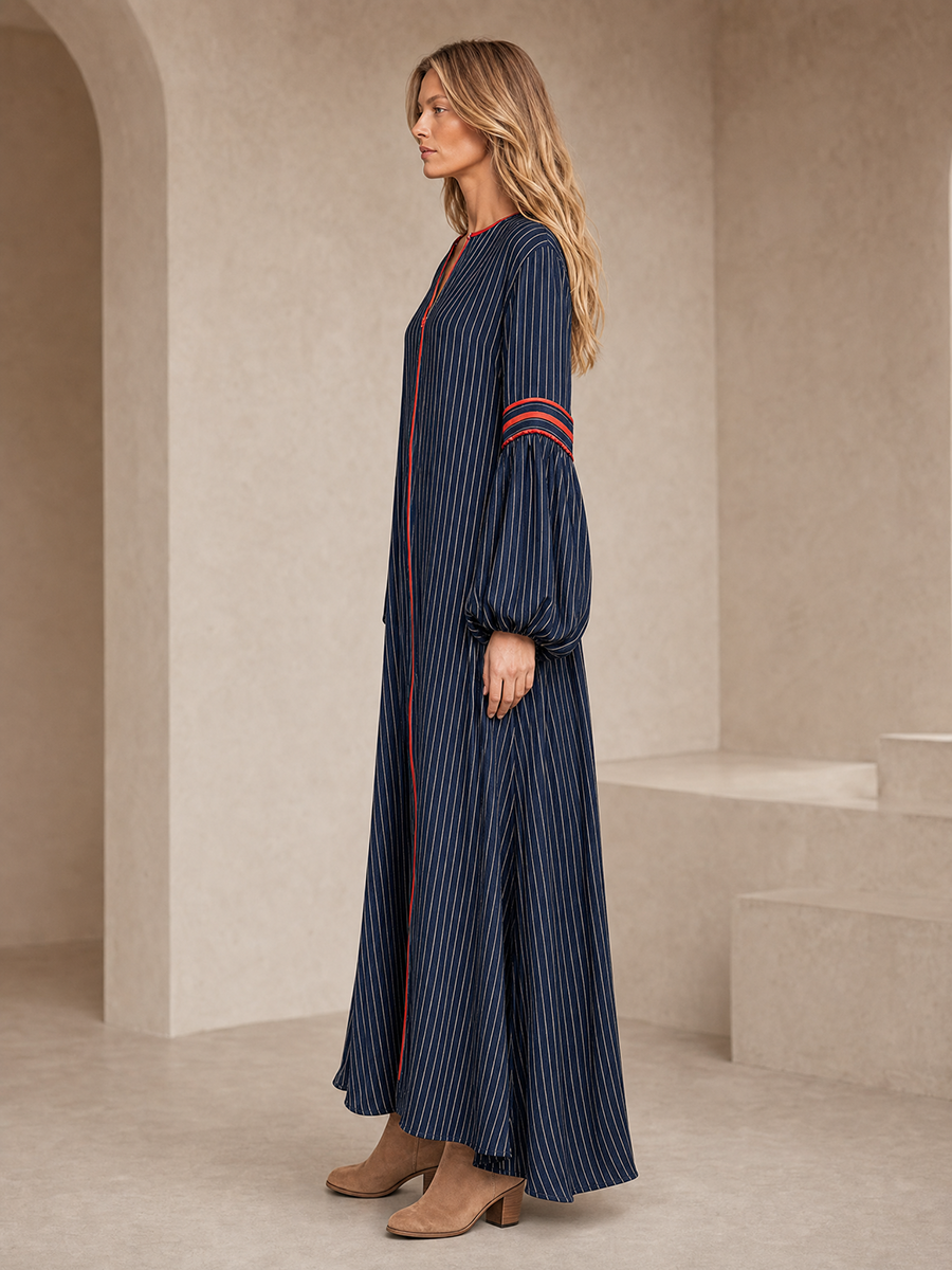 Women's Navy Striped Maxi Dress Long Bell Sleeve V-Neck Boho Contrast Trim