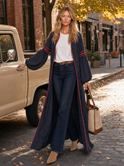 Women's Navy Striped Maxi Dress Long Bell Sleeve V-Neck Boho Contrast Trim