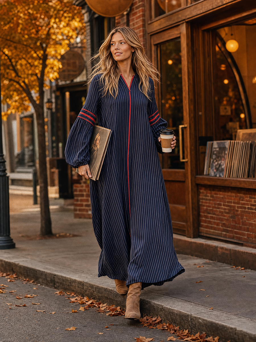Women's Navy Striped Maxi Dress Long Bell Sleeve V-Neck Boho Contrast Trim