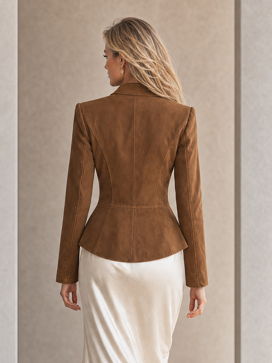 Women's Brown Denim Blazer Fitted Asymmetric Button Peplum Hem Notch Lapel