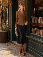 Women's Brown Denim Blazer Fitted Asymmetric Button Peplum Hem Notch Lapel