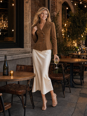 Women's Brown Denim Blazer Fitted Asymmetric Button Peplum Hem Notch Lapel