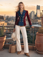 Women's Velvet Denim Patchwork Blazer Double Breasted Gold Button Slim Fall 2026 Jacket