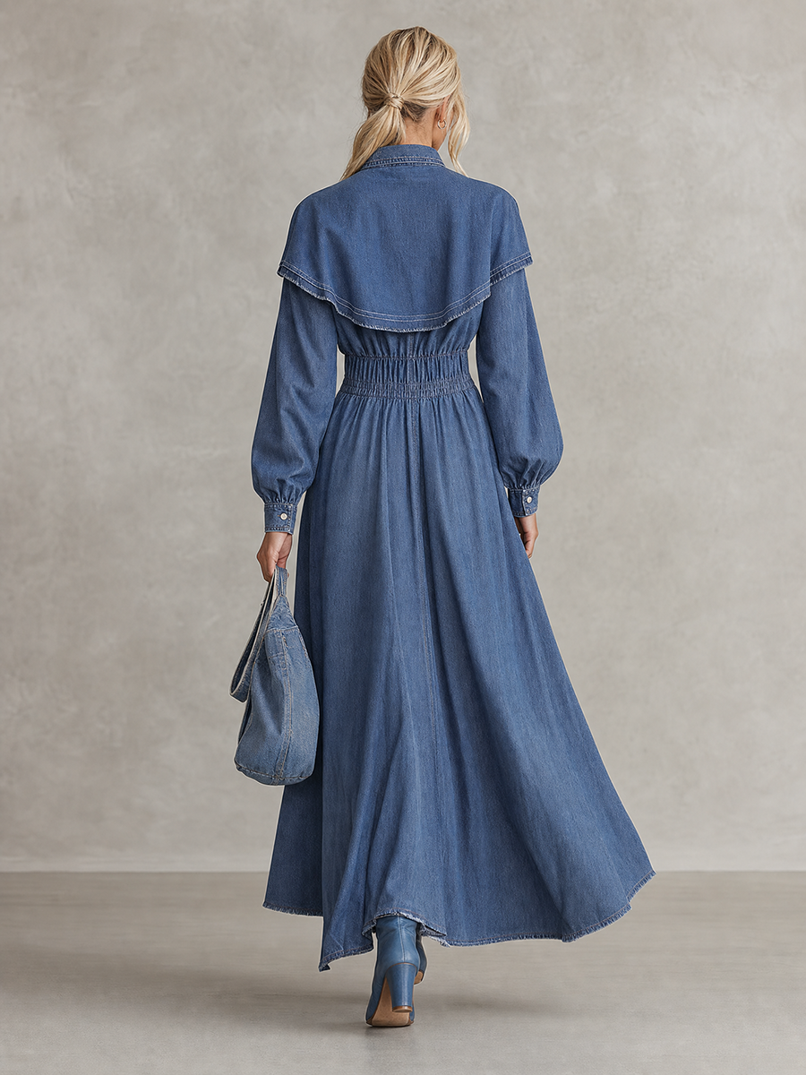 Women's Long Sleeve Denim Maxi Dress Cape Collar Button Down Fall 2026