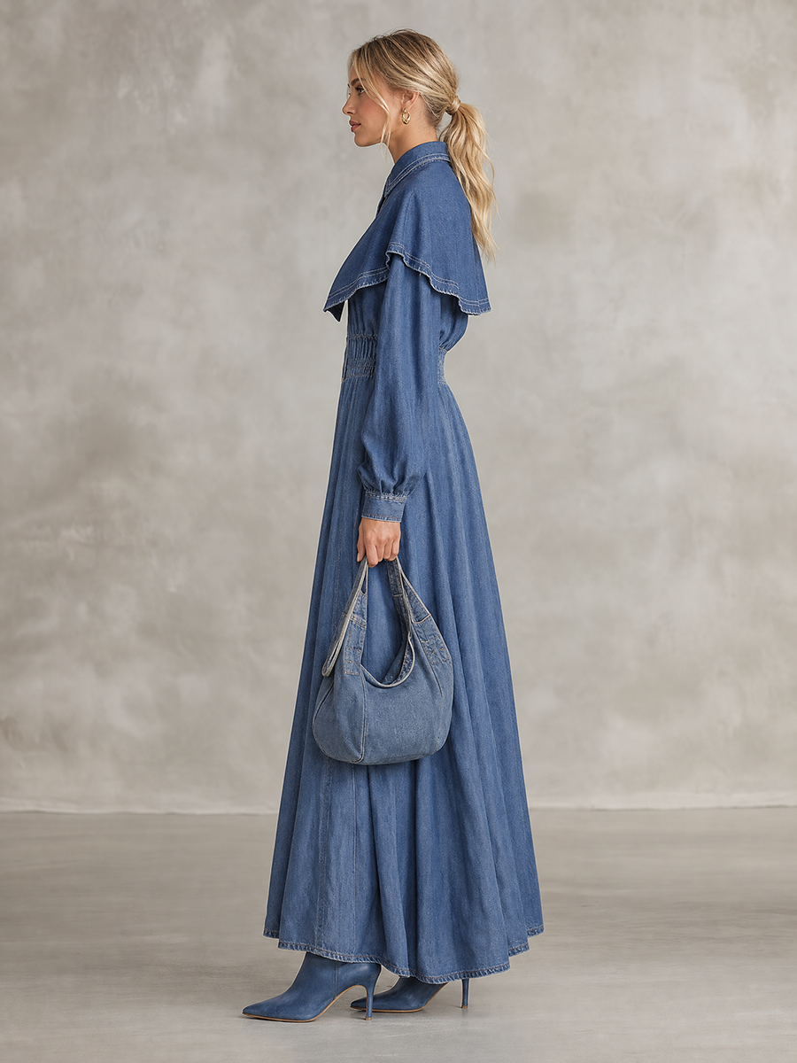 Women's Long Sleeve Denim Maxi Dress Cape Collar Button Down Fall 2026