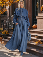 Women's Long Sleeve Denim Maxi Dress Cape Collar Button Down Fall 2026