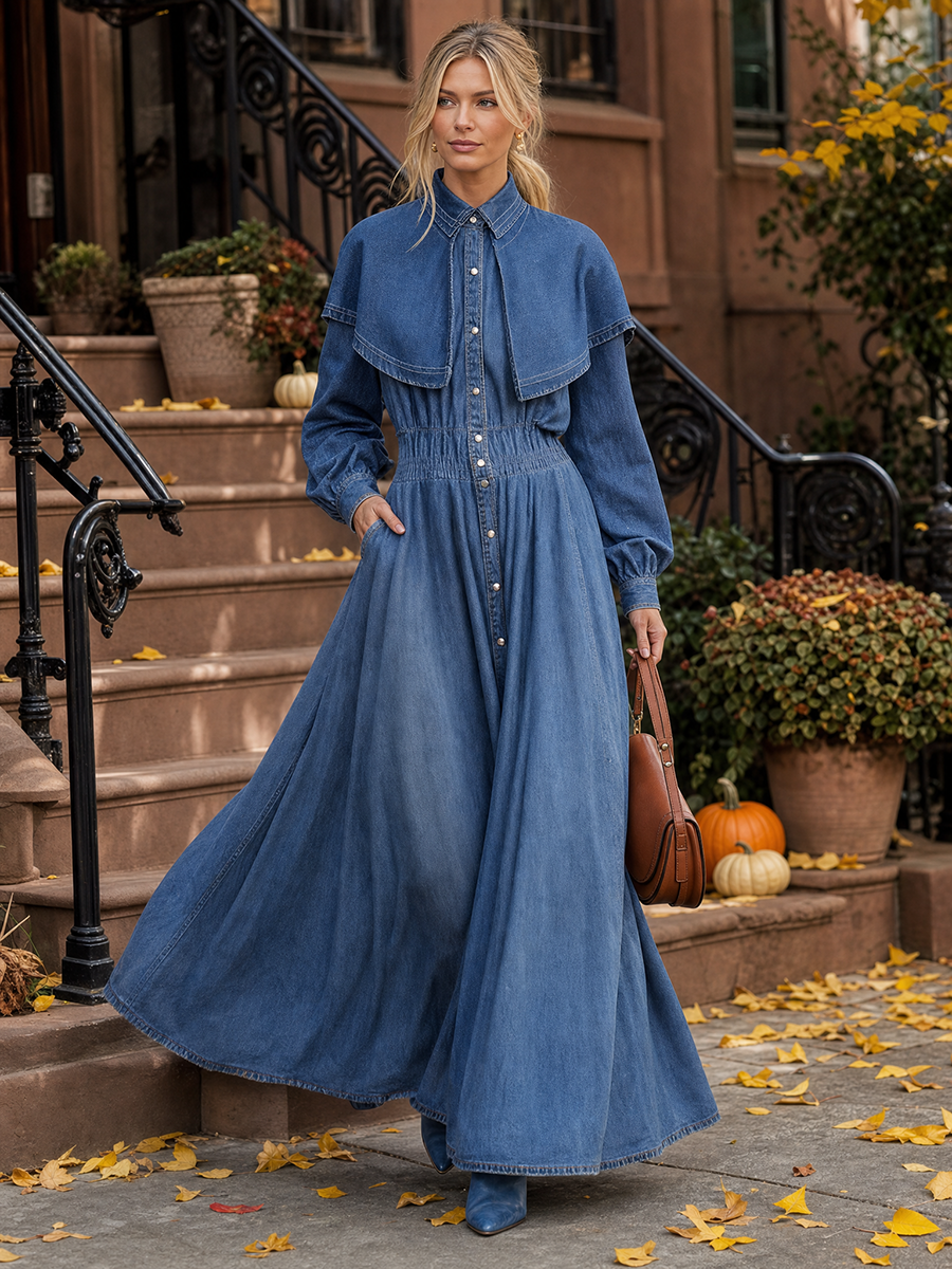 Women's Long Sleeve Denim Maxi Dress Cape Collar Button Down Fall 2026