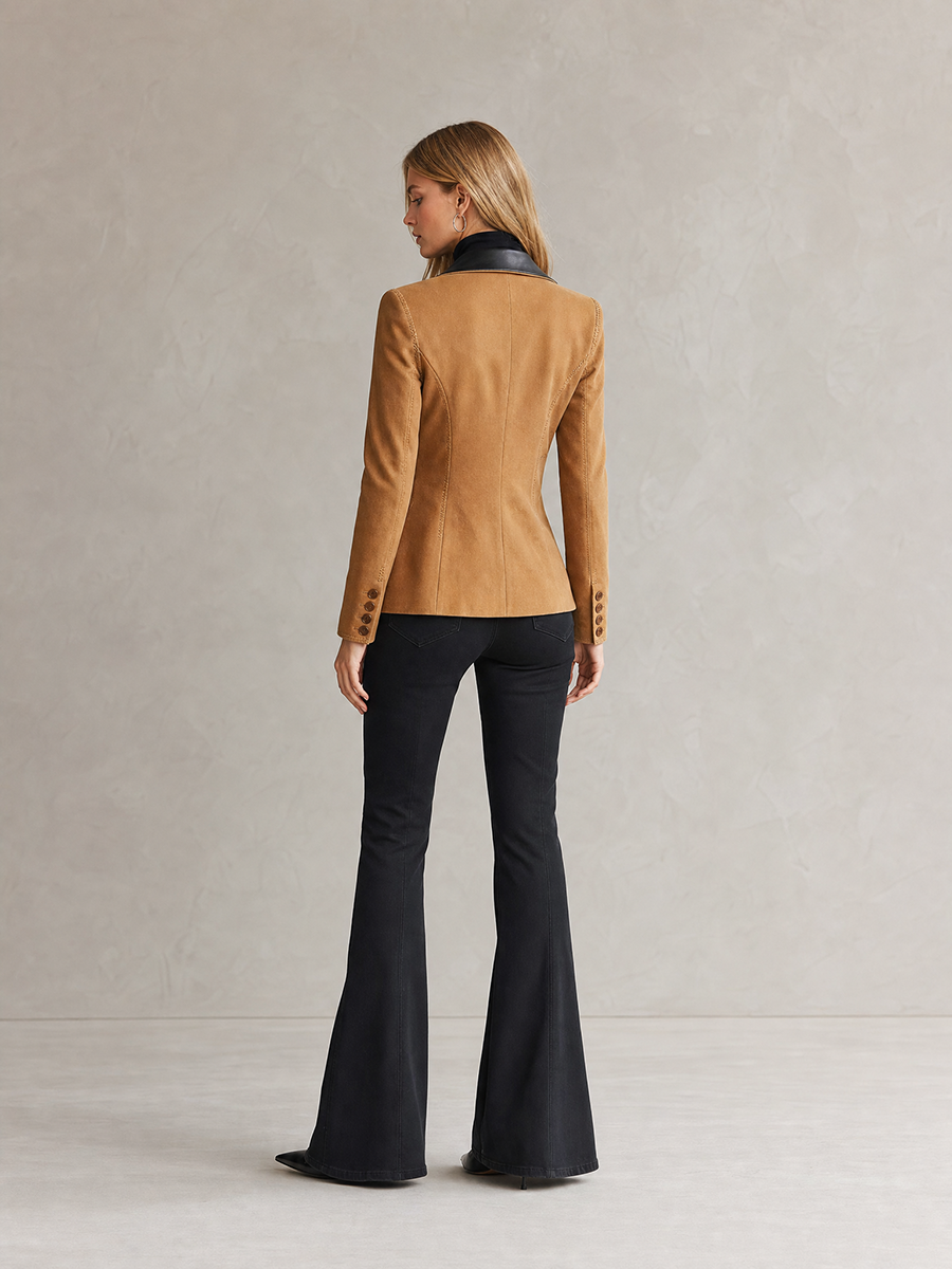 Women's Tan Suede Blazer Fitted Leather Lapel Single Button Western Fall