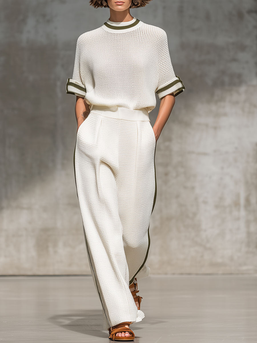 Vintage-Trimmed White Knitted Mesh Short-Sleeved Shirt And Wide-Leg Pants Set