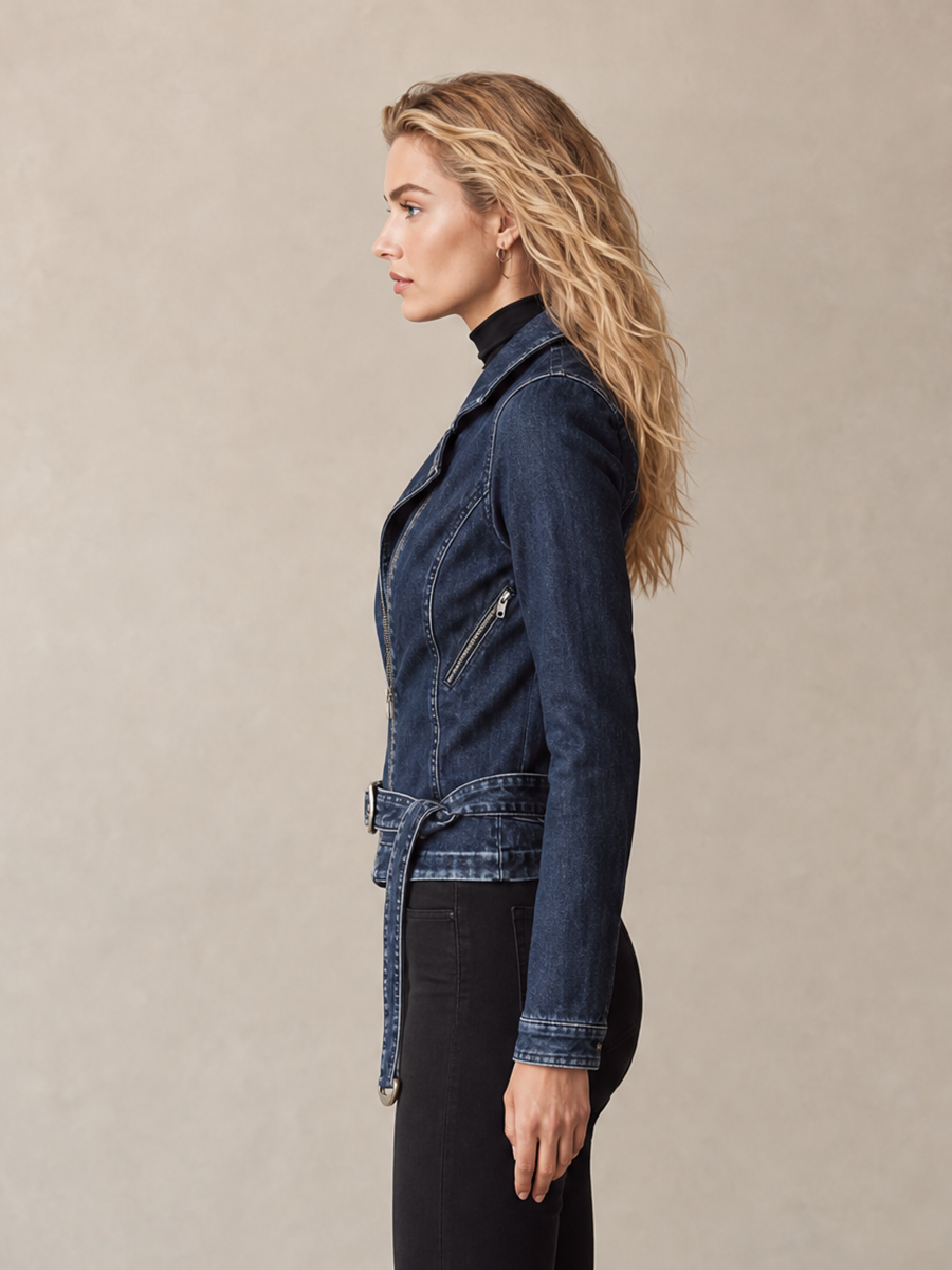 Women's Dark Denim Moto Jacket Belted Asymmetric Zip Fitted Biker Western Fall